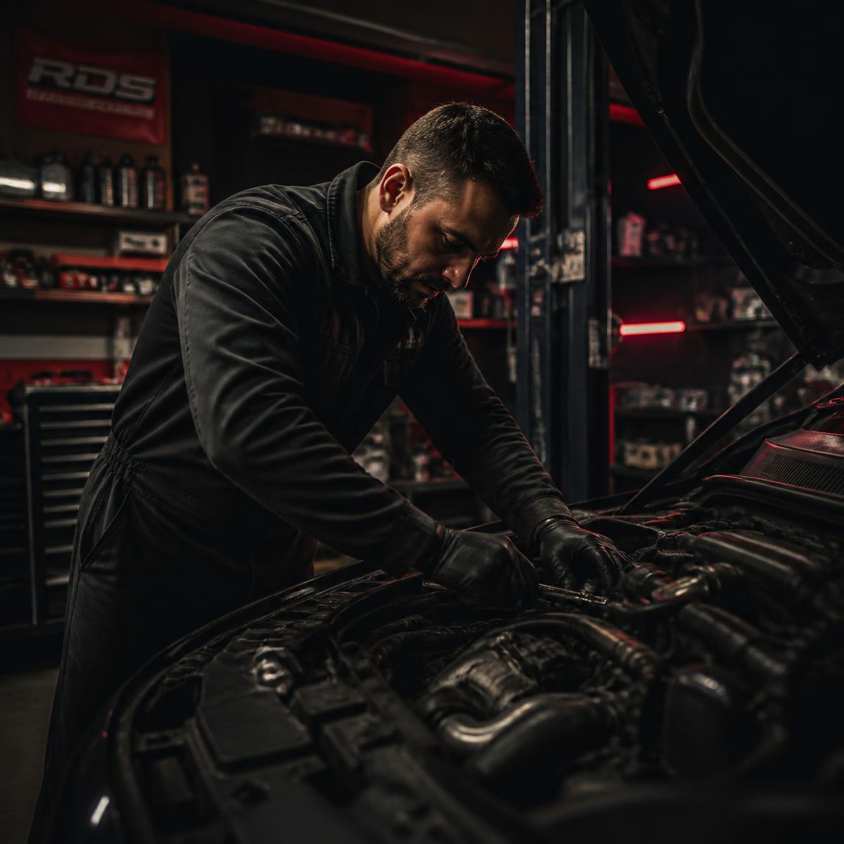 Kfz-Mechaniker von KFZ Gruber bei der Arbeit am Motor